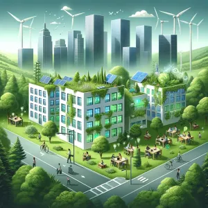 Agences-web-éco-responsables avec bâtiments verts et personnes travaillant sur des ordinateurs portables