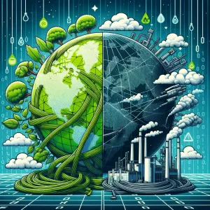 Globe digital montrant l'impact environnemental du web, moitié vert et moitié pollué