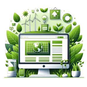 Illustration d'un site web écoconçu sur un écran d'ordinateur avec des éléments verts et des symboles d'énergie renouvelable