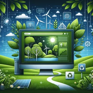Illustration d'éco-conception web montrant un écran d'ordinateur avec un design nature-inspiré et des icônes d'énergie renouvelable