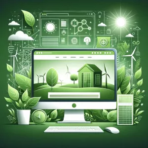 Illustration d'un design web éco-responsable avec écrans modernes et symboles de durabilité