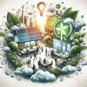 Équipe diverse travaillant dans une agence web éco-responsable avec technologie verte